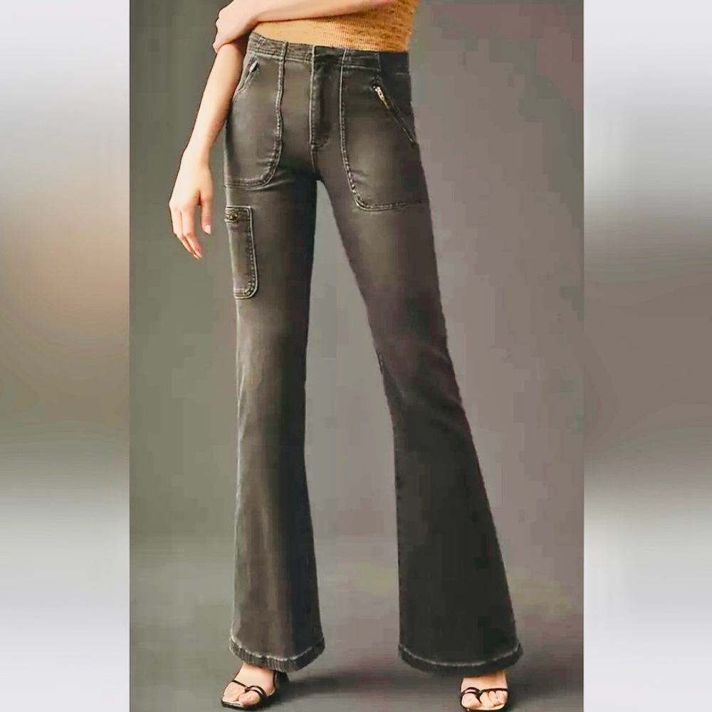 Anthro Pilcro Utility Moto Bootcut Jeans Faded Black Wash 29R